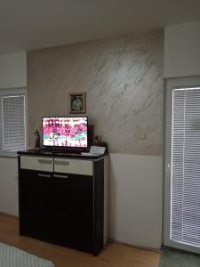 a room with a desk with a television on it at Apartman TATTOO R in Negotin