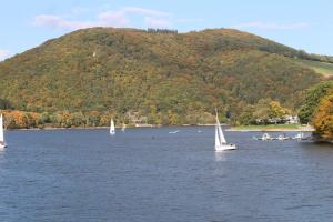 a group of sailboats on a lake with a mountain at FeWo-Seestrasse in Diemelsee