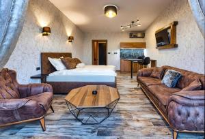 a hotel room with a bed and two couches at Apartmani Tiske noći in Bečej