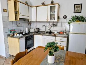 a kitchen with white cabinets and a table with a plant at Appartamento B&B Del Piano in Gualdo Tadino