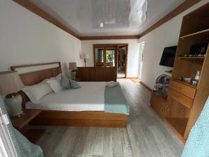 a bedroom with a bed and a television in it at Lakaz feuillaze in Port Mathurin