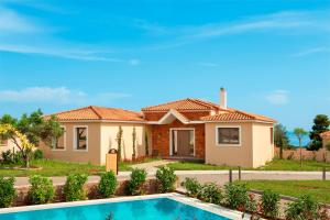 a house with a swimming pool in front of it at Zeus Eleva Ajul in Agia Paraskevi