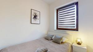 a bedroom with a bed and a window at Apartament Fibra Latte in Rybnik