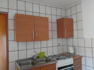 a kitchen with a sink and a stove and cabinets at Agroturystyka Za Zakrętem in Tarnówka