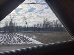 a view of a snowy field from a window at Agroturystyka Za Zakrętem in Tarnówka