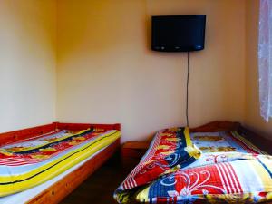 two beds in a room with a tv on the wall at Agroturystyka Za Zakrętem in Tarnówka