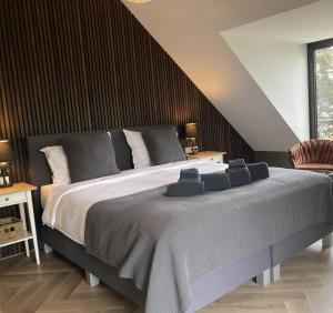 a bedroom with a large bed with blue pillows at Rue Haute by M&M 4 sterren bed en breakfast vlakbij Maastricht in Eben-Emael +98 photos