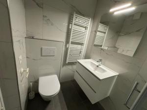 a white bathroom with a toilet and a sink at J&D Comfort Apartment in Cresciano