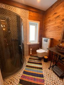 a bathroom with a shower and a toilet and a rug at Brzozowy Zakątek in Waśki +58 photos