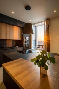 a kitchen with a wooden table and a potted plant at ILE STAGADON - Appartement de luxe magnifique vue mer in Landéda