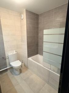 a bathroom with a toilet and a bath tub at Pop Mood Studio in Heillecourt