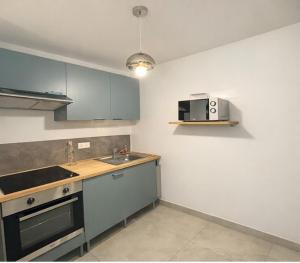 a kitchen with blue cabinets and a sink and a microwave at Pop Mood Studio in Heillecourt