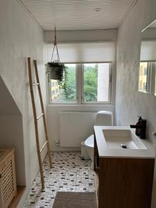 a bathroom with a sink and a toilet and a window at Charming townhouse in CityCenter Townhouse - free parking in Odense +22 photos