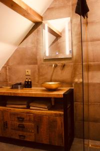 a bathroom with a counter with a sink and a mirror at Herberg De Hollandsche Leeuw in Nieuwkoop +17 photos