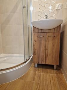 a bathroom with a sink and a shower at Dzień dobry w Szczytnej in Szczytna