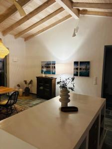 a living room with a table with a vase on it at Villa Xalupi - Design-Villa mit Pool und Meerblick in Paleokastritsa