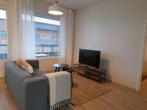 a living room with a couch and a flat screen tv at Spacious Apartment for 4 with Sauna in Oulu