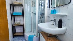 a bathroom with a sink and a shower at Landhaus am Deich in Dornum