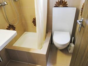 a bathroom with a toilet and a shower and a sink at Apartment Chesa Margretta by Interhome in Sils Maria +1 photo