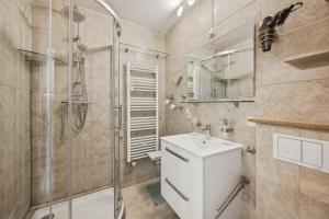 a bathroom with a shower and a toilet and a sink at Ramoni Apartments - Naturglück in Enzklösterle +2 photos