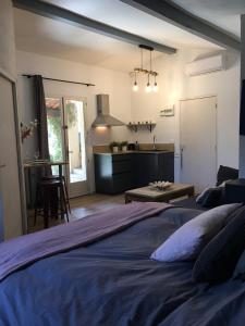 a bedroom with a large bed and a kitchen at Gite Studio indépendant au cœur du Luberon in Maubec +5 photos