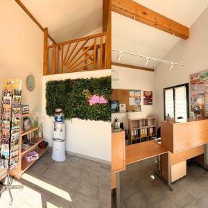 two photos of a office with a desk at Aloha Camping Club in Reynès