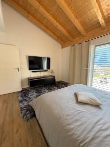 a bedroom with a bed and a flat screen tv at Appartement Vue Montagne Vignoble Cosy Valais in Chamoson