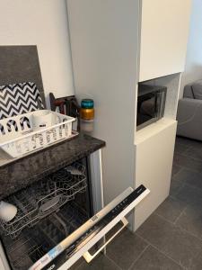 a kitchen with an oven with dishes in it at Appartement Vue Montagne Vignoble Cosy Valais in Chamoson