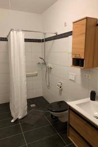 a bathroom with a shower with a toilet and a sink at Apartment Stadtwohnung by Interhome in Plauen
