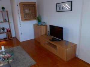 a living room with a television on a wooden stand at Apartment ApartmentmitAusblick by Interhome in Wörth am Rhein
