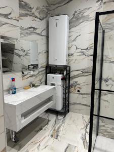 a bathroom with two sinks and a large mirror at HOME 102 Cosy in Lons-le-Saunier +7 photos