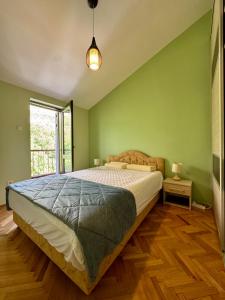 a bedroom with a large bed in a green wall at Apartment Magdalena in Dobrota
