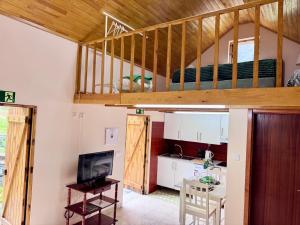 a kitchen and a living room with a loft at Casa do Til in Porto Moniz
