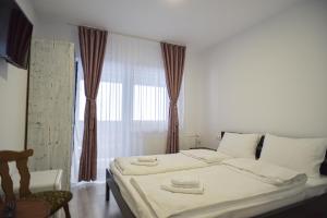 a bedroom with a bed and a large window at Süni Vendégház in Căpîlniţa
