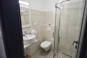 a bathroom with a toilet and a sink and a shower at Süni Vendégház in Căpîlniţa