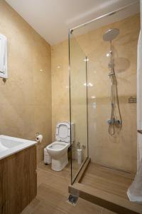 a bathroom with a toilet and a glass shower at Meteora Rockside Lodge in Kalabaka +30 photos