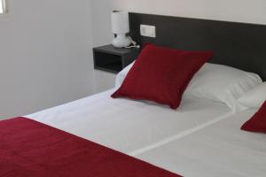 a bed with two red pillows on top of it at Hostal Rte. Casa Miguel in Matalascañas