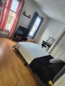 a bedroom with a bed and two windows at Humble Beginning 47P in Norwich