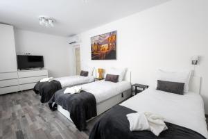 two beds in a room with a tv at Hotel Cheese in Shumen