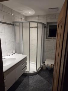 a bathroom with a shower and a sink and a toilet at Chasa Bellavista in Ardez +21 photos