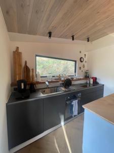 a kitchen with a black counter and a sink at La Noirie in Saint-Étienne +12 photos