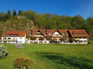 a large building with red roofs on a green field at Hotel Walkenstein in Oberwolfach