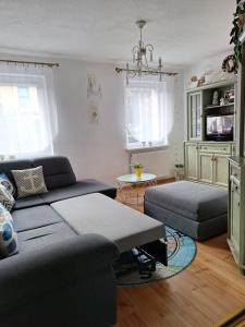 a living room with a couch and a bed at Mieszkanie przy plaży Ela in Dziwnów