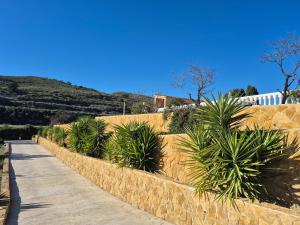 a stone wall with palm trees next to a sidewalk at Cresta Azul in Antas