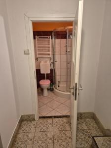 a bathroom with a toilet and a shower at Chillout Place in Wieprz