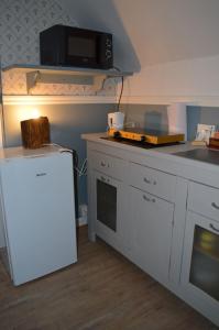 a kitchen with a white refrigerator and a microwave at Bodasjön II in Boda Glasbruk