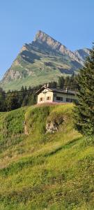 a house on top of a grassy hill with a mountain at Chalet San Bernardino in San Bernardino