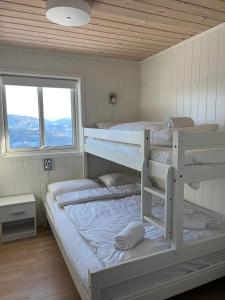 a bedroom with two bunk beds and a window at Sauna & Mountain Views - Ski-in Ski-out Luxury in Vossevangen