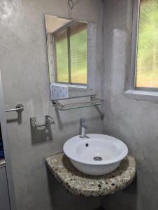 a bathroom with a white sink and a mirror at Wellassa Hillside Villa in Kendagolla