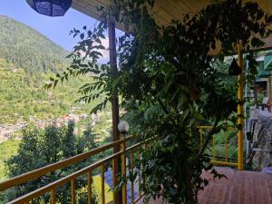 a balcony with a tree and a view of a city at The Tree Hub Jibhi in Jibhi +29 photos